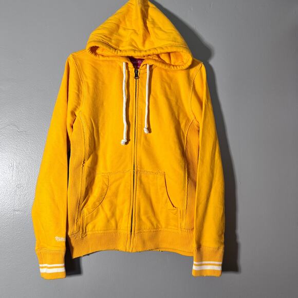 Mitchell & Ness Women’s Yellow Hoodie M full Zip Distressed Script Logo - Picture 1 of 12